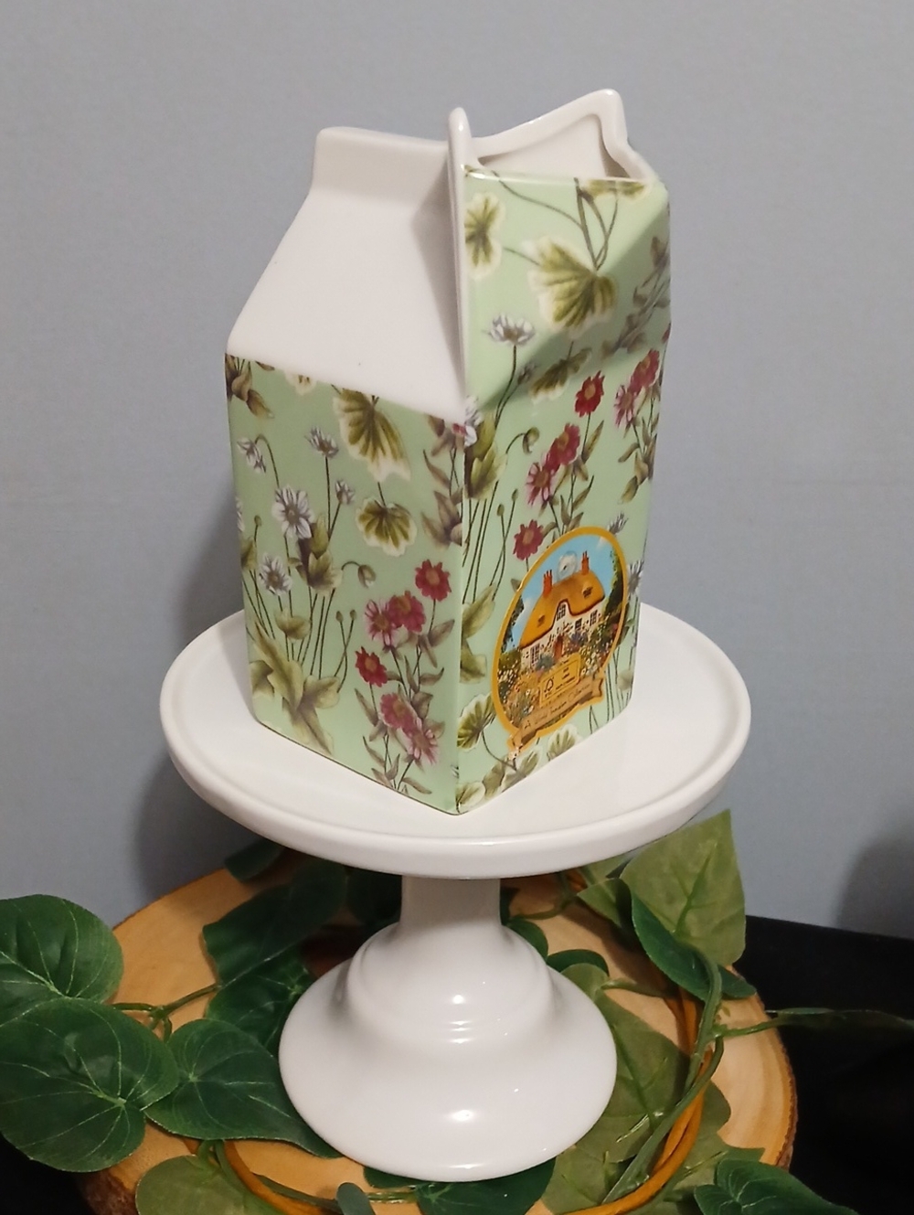 Green Floral Ceramic Milk Carton Vase - Decorative Home Accent NWT